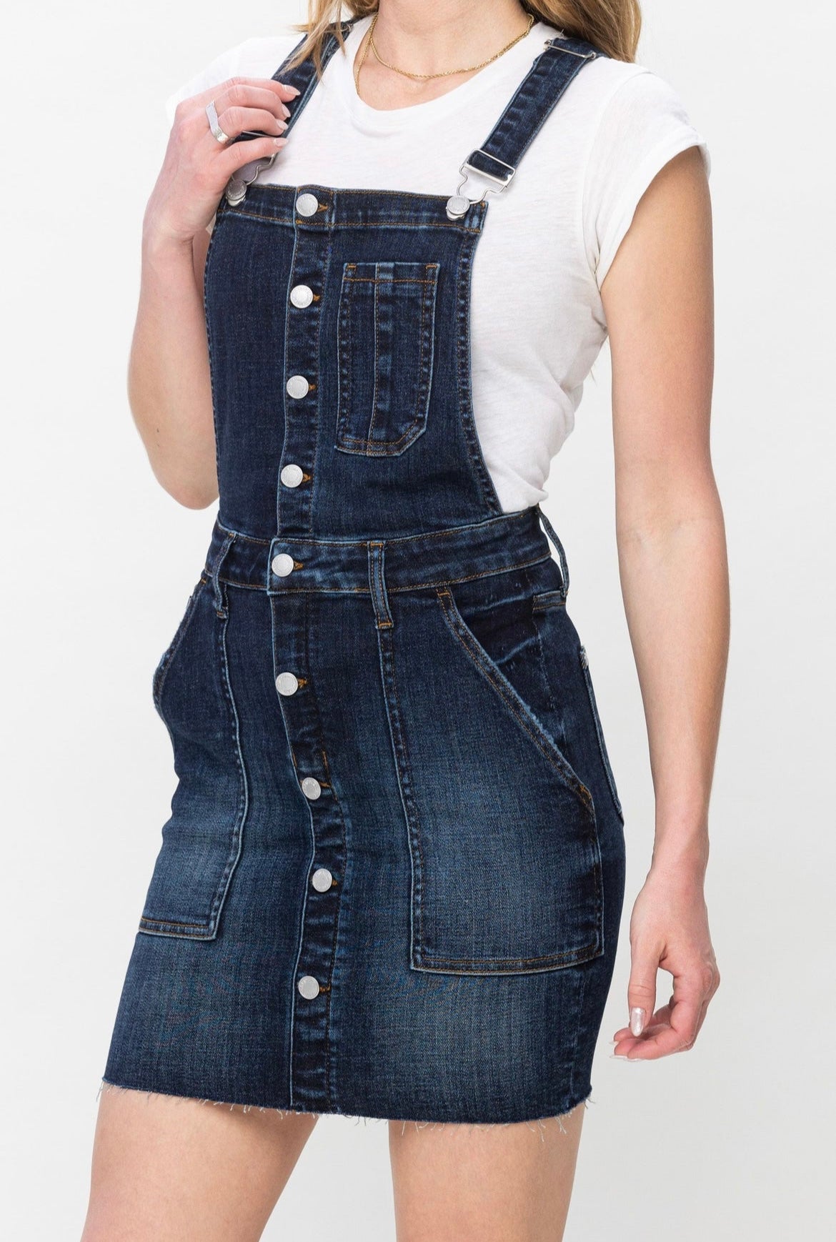 Darkwash Button & Pocketed HW Skirt Overalls-PLUS