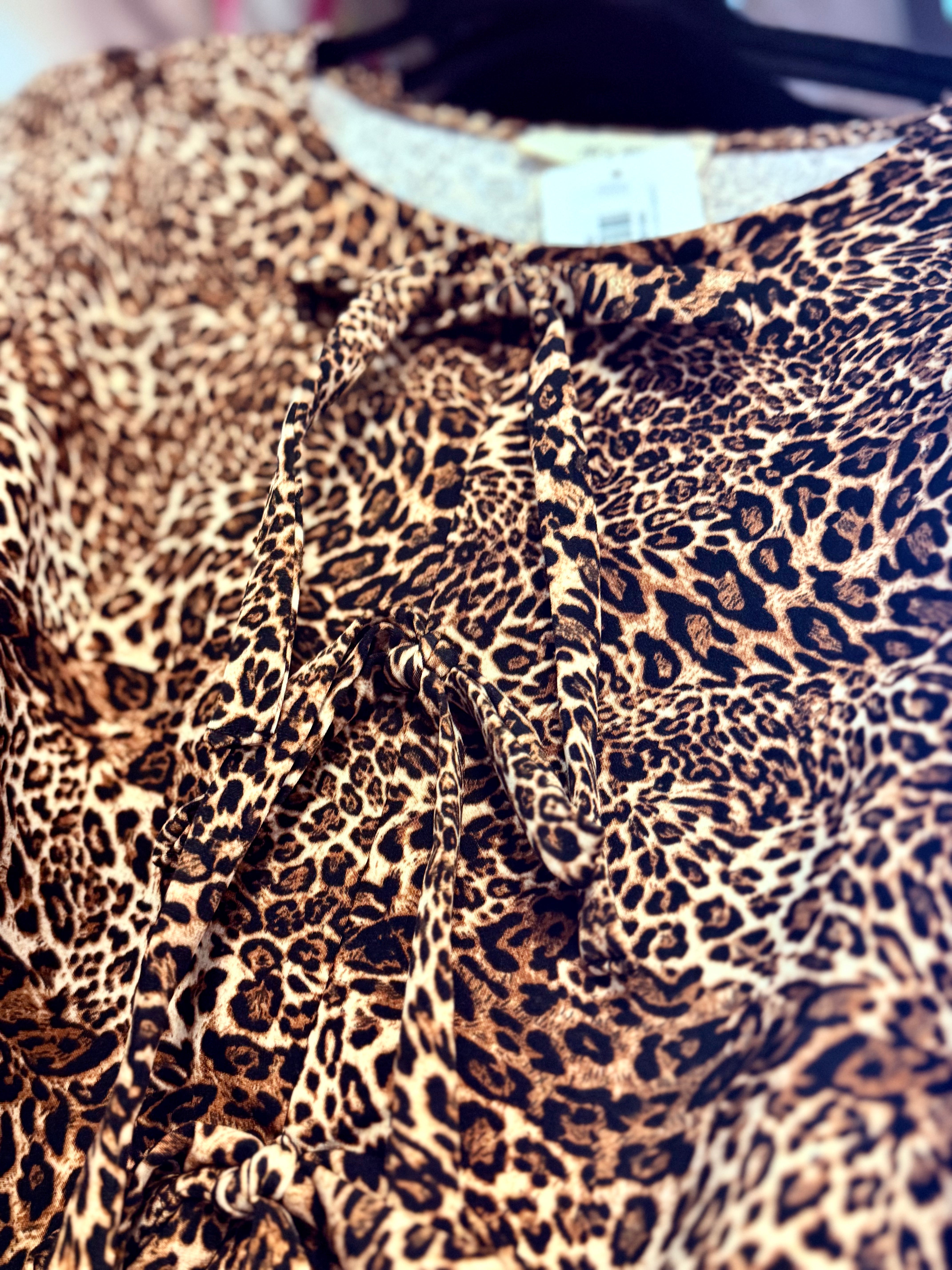 LEOPARD PRINT PUFF BUBBLE SLEEVE BOW DETAIL CREW NECK PEPLUM BLOUSE-PLUS