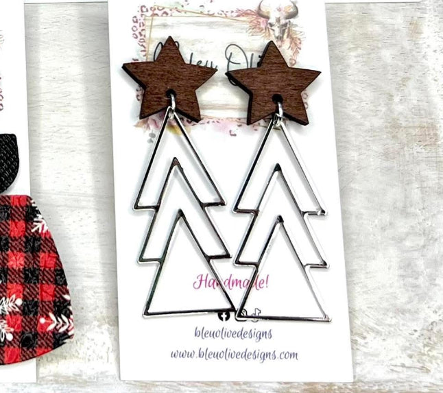 SILVER TRIANGLE CHRISTMAS TREE WITH WOOD STAR TOPPER HANDMADE EARRINGS BY B.O.D
