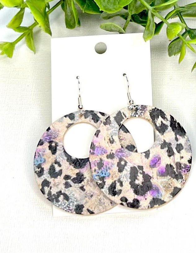TAN PURPLE BLUE LEOPARD ROUND CIRCLE LEATHER HANDMADE EARRINGS BY B.O.D