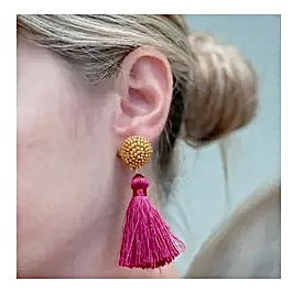 GAMEDAY SEEDBEAD BALL WITH TASSEL TWO TONE COLORED FOOTBALL EARRINGS BY P.O.