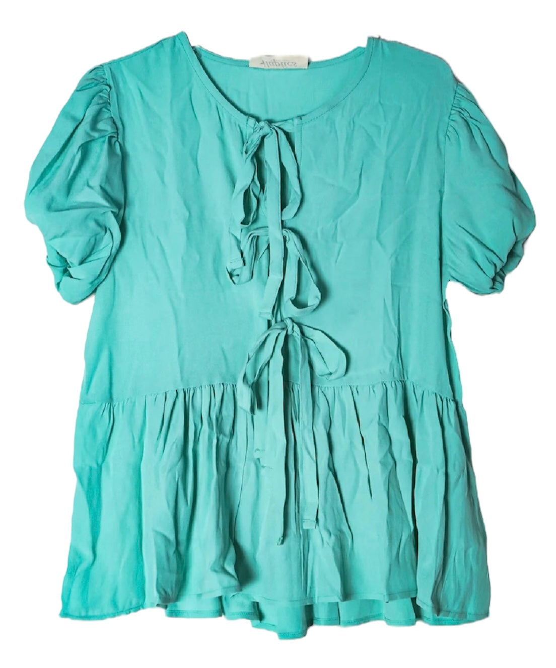 SEAFOAM MINT BOW TIES RUFFLE HEM PEPLUM BLOUSE- SALE- SMALL AVAILABLE