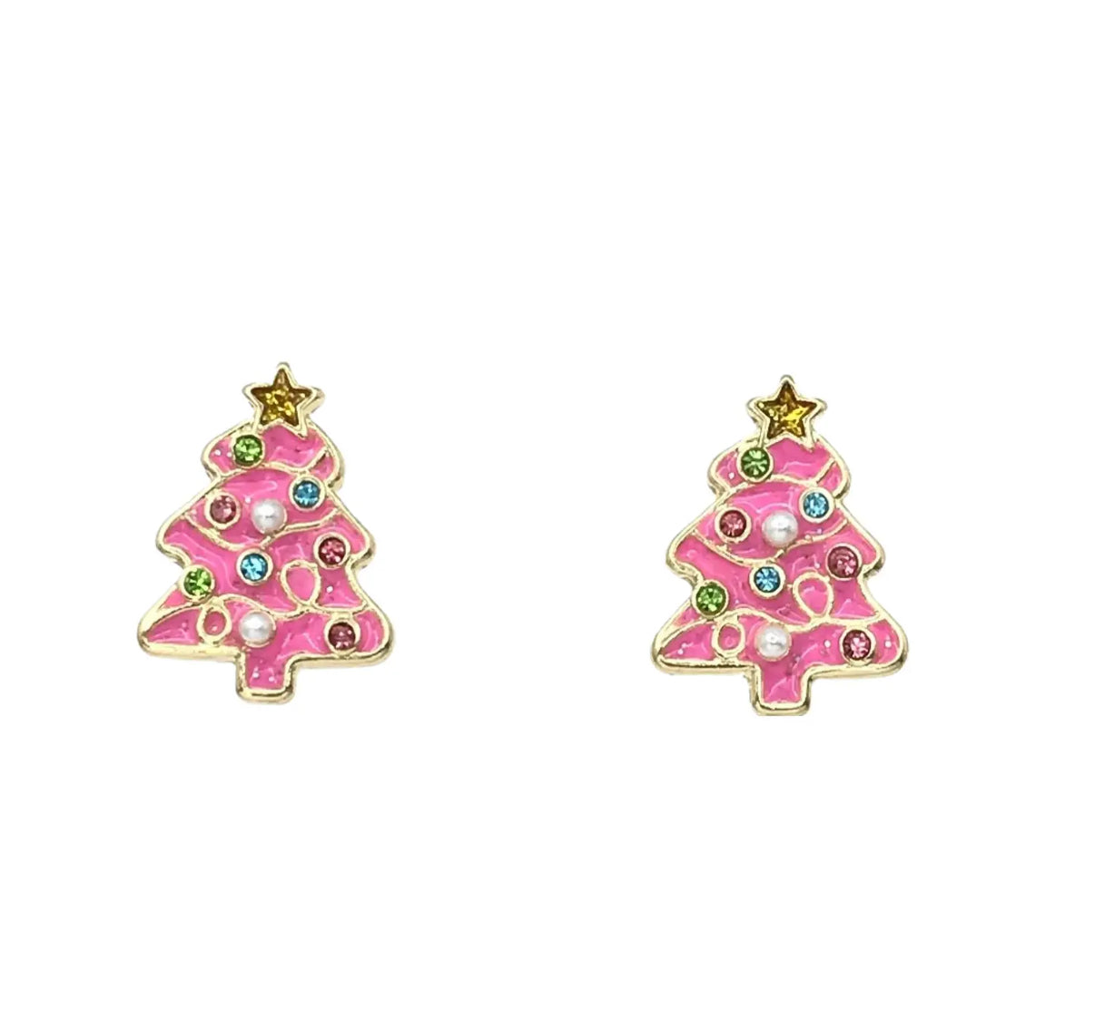 CHRISTMAS TREE PINK PEARL RHIENSTONE STUD EARRINGS