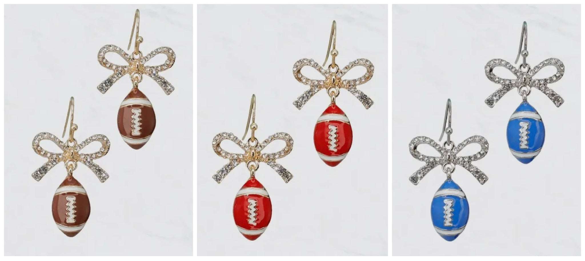 DANGLE FOOTBALL RHINESTONE BOWS EARRINGS