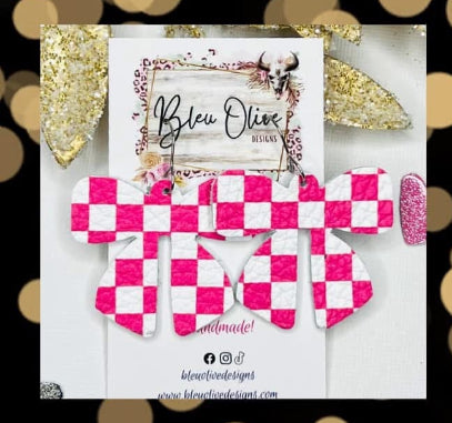 HOT PINK & WHITE CHECKERED PRINT RIBBON SHAPE HANDMADE LEATHER EARRINGS BY B.O.D
