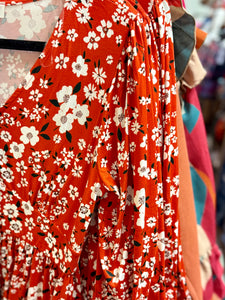 RUST VERMILION MIDI LENGTH FLORAL PRINT POCKETED MAXI DRESS-PLUS