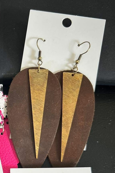 BROWN LEATHER TEARDROP WITH GOLD METAL TRIANGLE DANGLE DOUBLE LAYERED HANDMADE EARRINGS BY B.O.D
