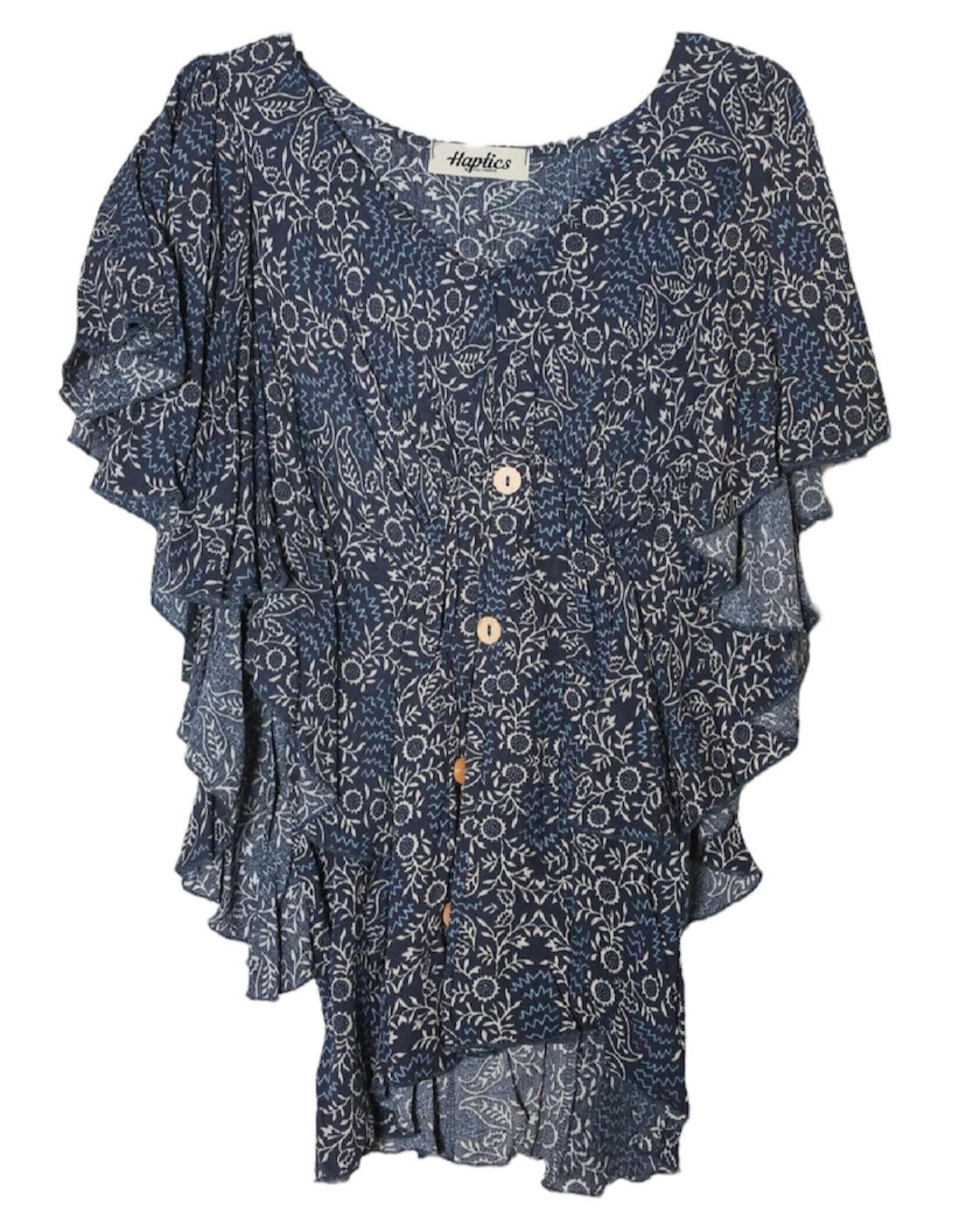 BLUE FLORAL ETHNIC PRINTED RUFFLE CAPE SLEEVE BLOUSE- SALE- SMALL AVAILABLE