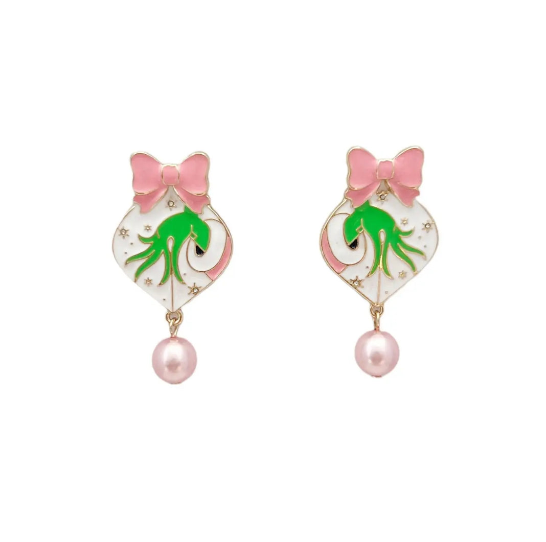 PINK GRINCH HAND DANGLING POM POM PINK PEARL BEAD BOW EARRINGS