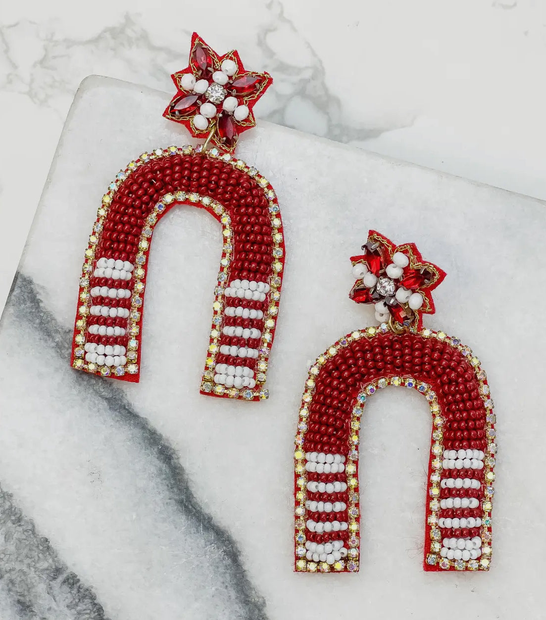 BURGUNDY WHITE UPSIDE DOWN U SHAPE SEEDBEAD GAMEDAY FOOTBALL EARRINGS BY P.O.