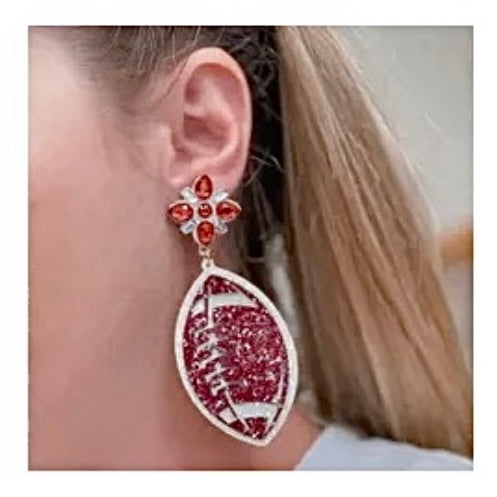 GLITTER FOOTBALL TWO TIER DANGLE GAMEDAY EARRINGS BY P.O.