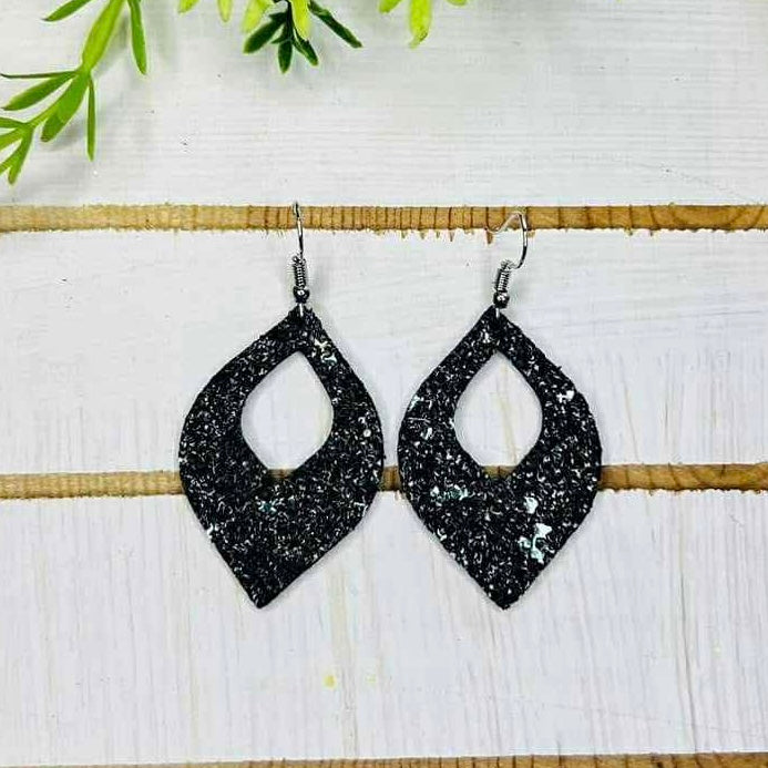 TEARDROP DIAMOND GLITTER OPEN-CENTER DESIGNED LEATHER HANDMADE EARRINGS BY B.O.D