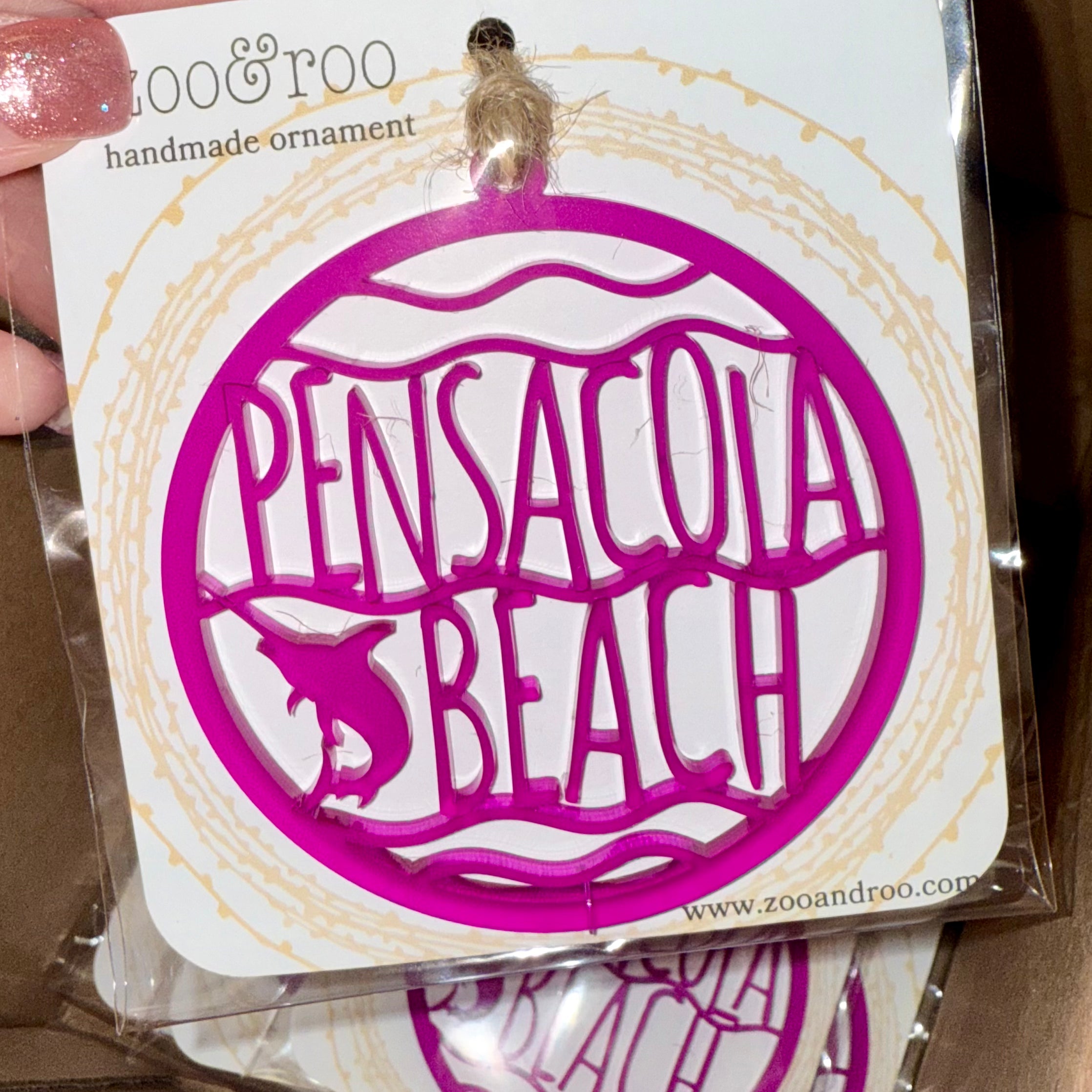 CUSTOM-MADE, HAND-MADE "PENSACOLA BEACH" HANGING ORNAMENT WITH TWINE STRING FLORIDA / COASTAL SOUVENIR FROSTED MAGENTA ACRYLIC