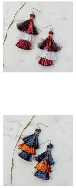 TASSEL TINSEL TIERED FOOTBALL GAMEDAY COLORED EARRINGS BY P.O.