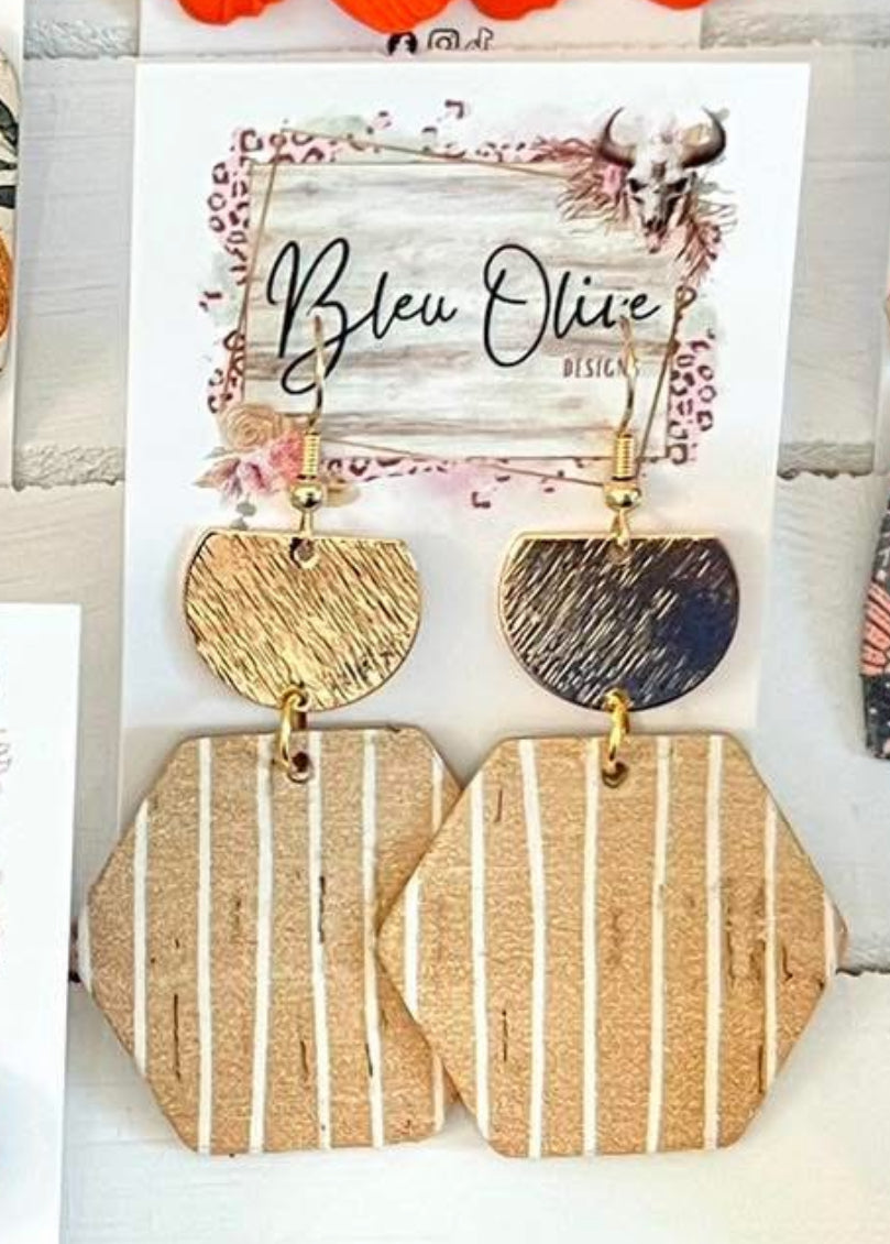 MUSTARD WHITE STRIPED HEXAGON SHAPED LIGHTWEIGHT LEATHER WITH GOLD EMBELLISHMENT ON TOP HANDMADE EARRINGS BY B.O.D