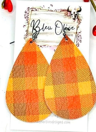 RUST PLAID FALL WARM TONED LEATHER TEARDROP HANDMADE EARRINGS BY B.O.D