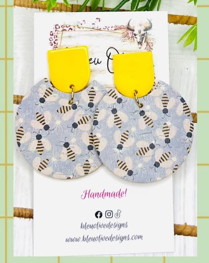 YELLOW ACRYLIC BUMBLEBEE PRINT ROUND CIRCLES HANDMADE EARRINGS BY B.O.D