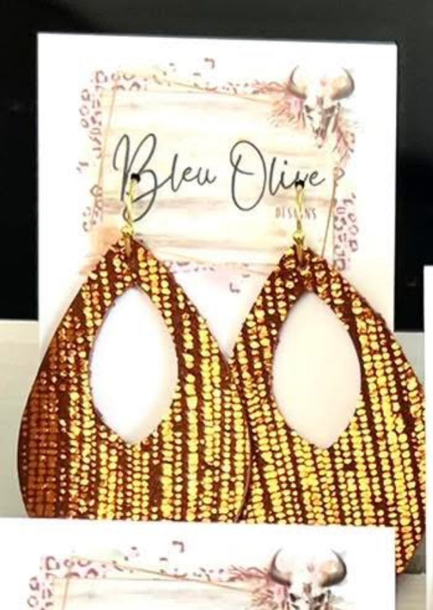 RUST SHIMMERY TEARDROP CUTOUT LIGHTWEIGHT LEATHER HANDMADE EARRINGS BY B.O.D