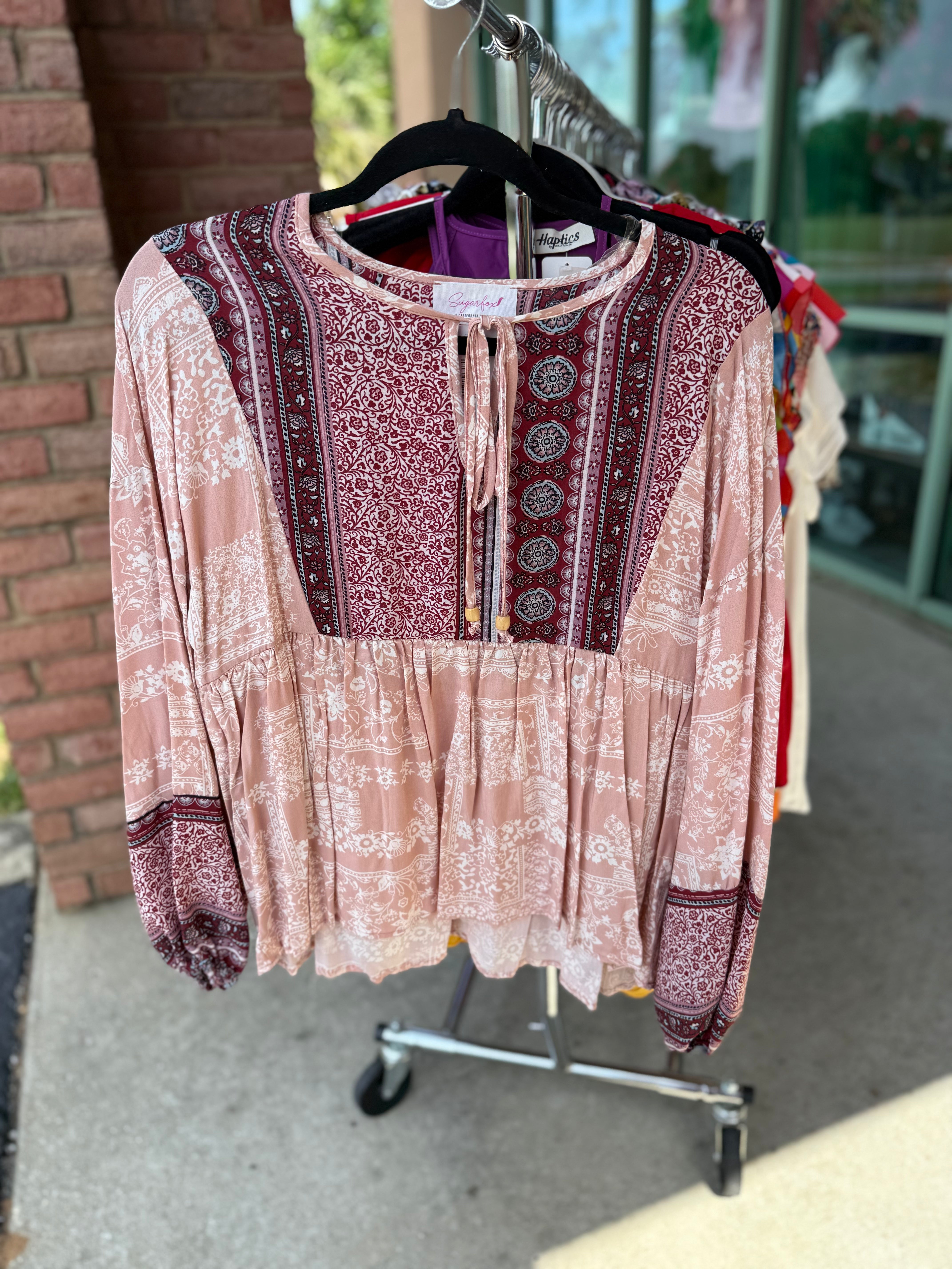 RUST ETHNIC FLORAL BERRY BEADED TIE PEASANT WOVEN TOP- SMALL