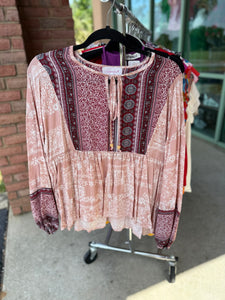RUST ETHNIC FLORAL BERRY BEADED TIE PEASANT WOVEN TOP- SMALL