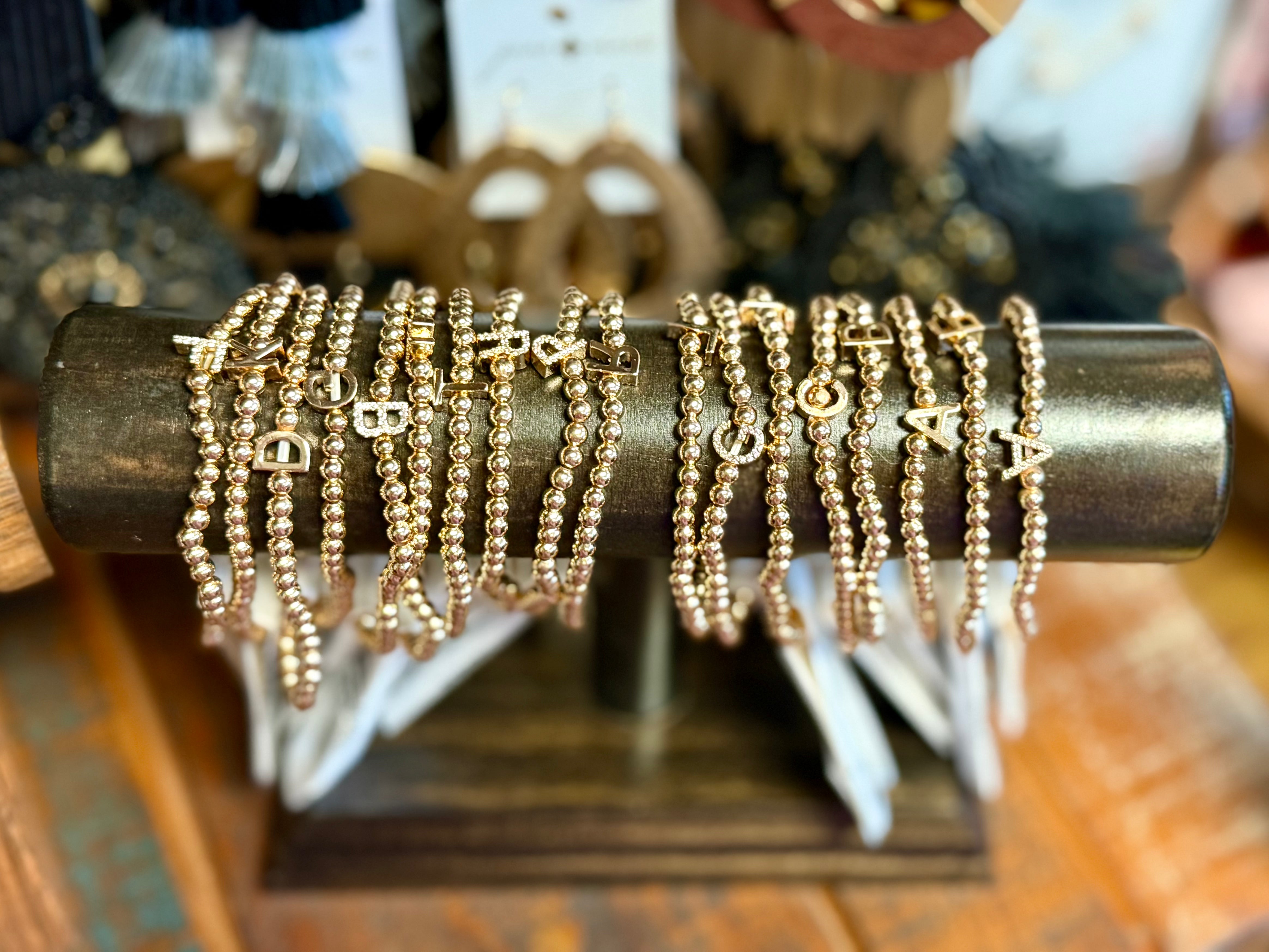 GOLD BALL BEADED SECRET BOX BRAND MONOGRAM INITIAL STRETCH BRACELET