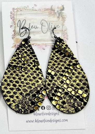 BLACK & GOLD METALLIC SHIMMER SNAKESKIN TEARDROP LEATHER HANDMADE EARRINGS BY B.O.D