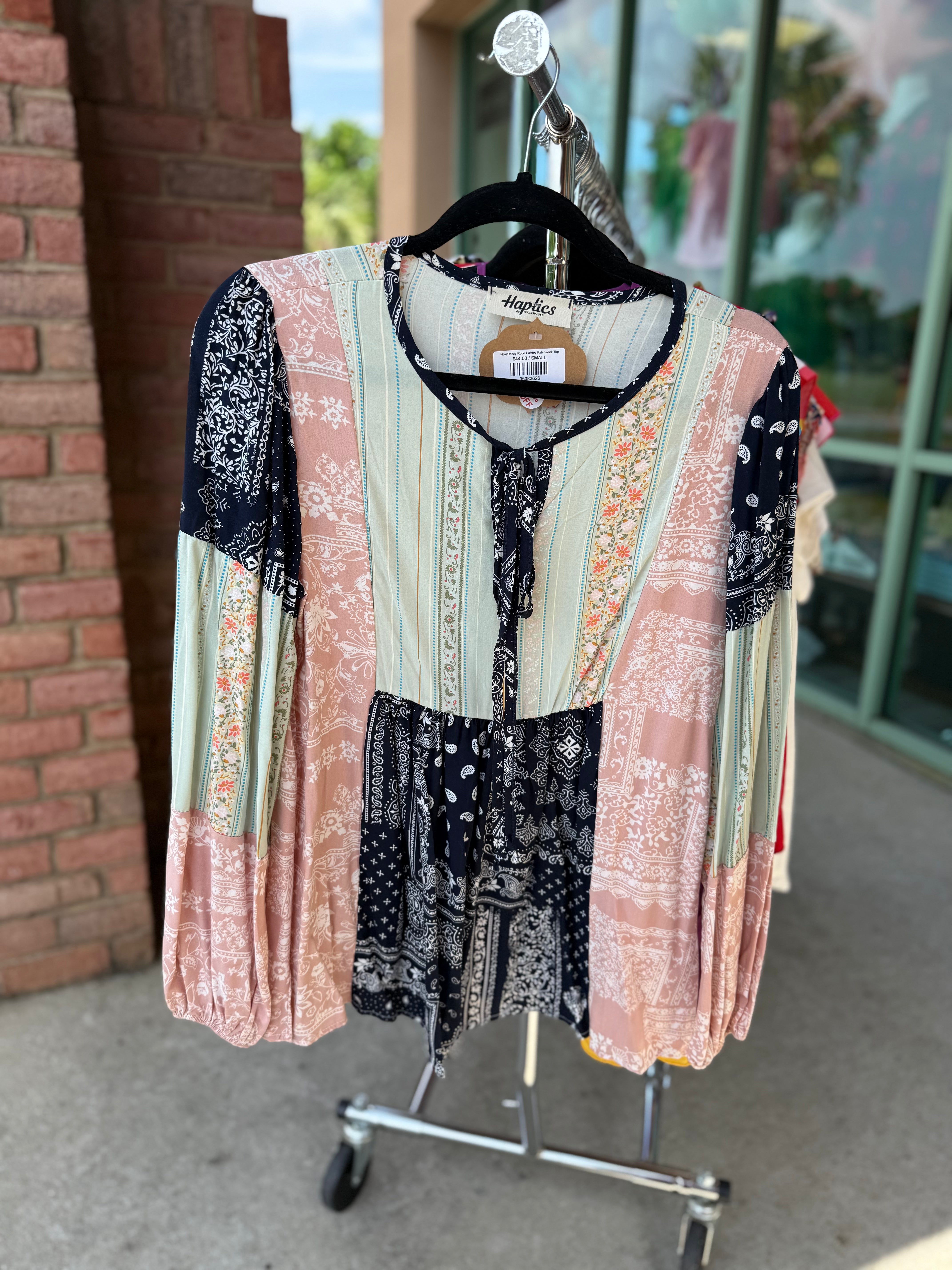 Navy Misty Rose Paisley Patchwork Top-PLUS