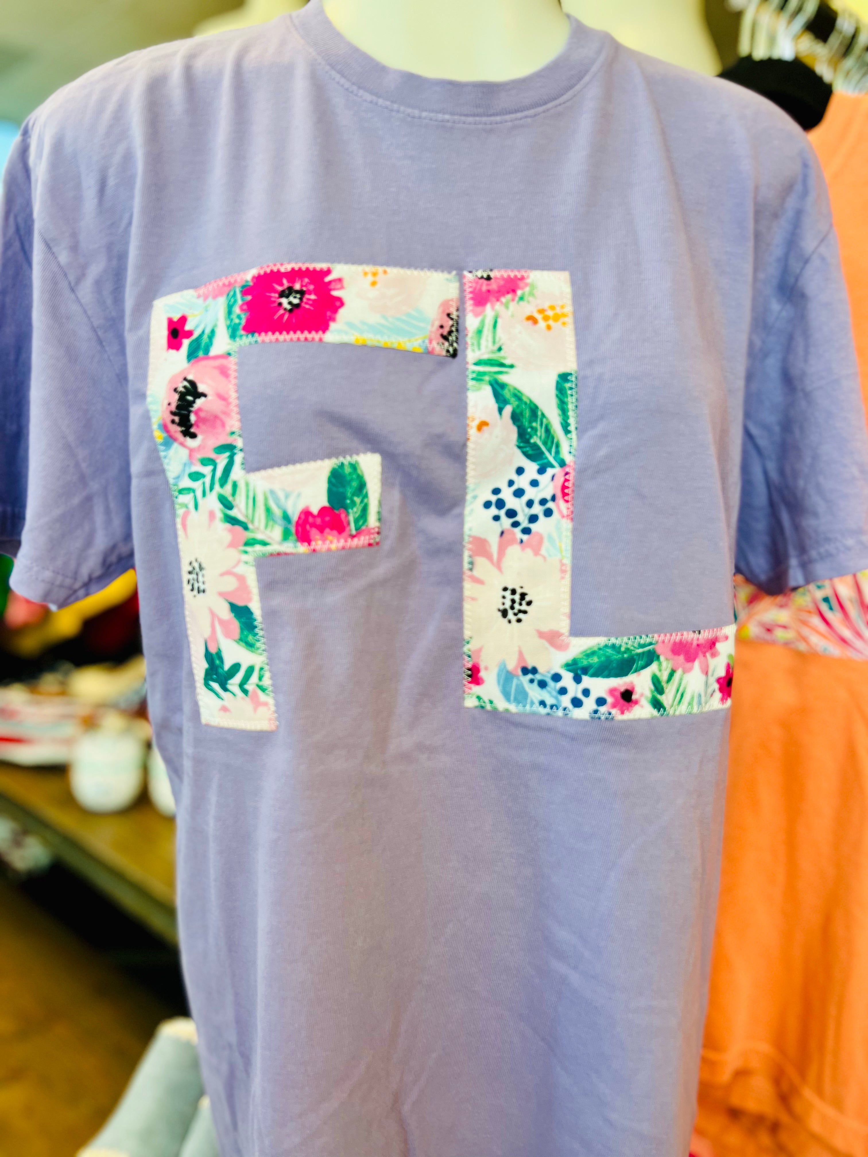 "FLORIDA" INITIALS PURPLE FLORAL APPLIQUE HANDMADE TEE