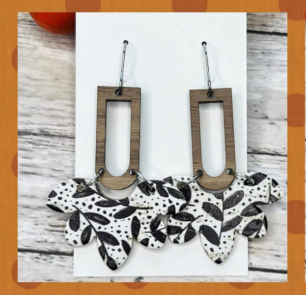 BLACK & WHITE LEAF DOTTED PRINT WITH WOOD ARCHED SQUARE HANDMADE EARRINGS BY B.O.D