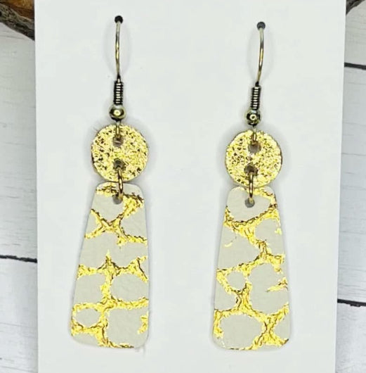 METALLIC SHIMMER ROUNDED RECTANGLE WITH CIRCLES LEATHER HANDMADE EARRINGS BY B.O.D