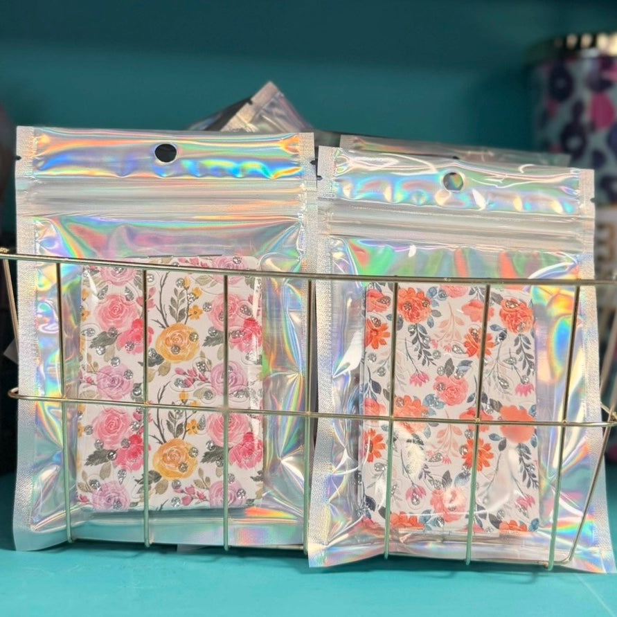 FLORAL BLINGY RECTANGLE DOUBLE SIDED COMPACT MIRROR (SLENDER)