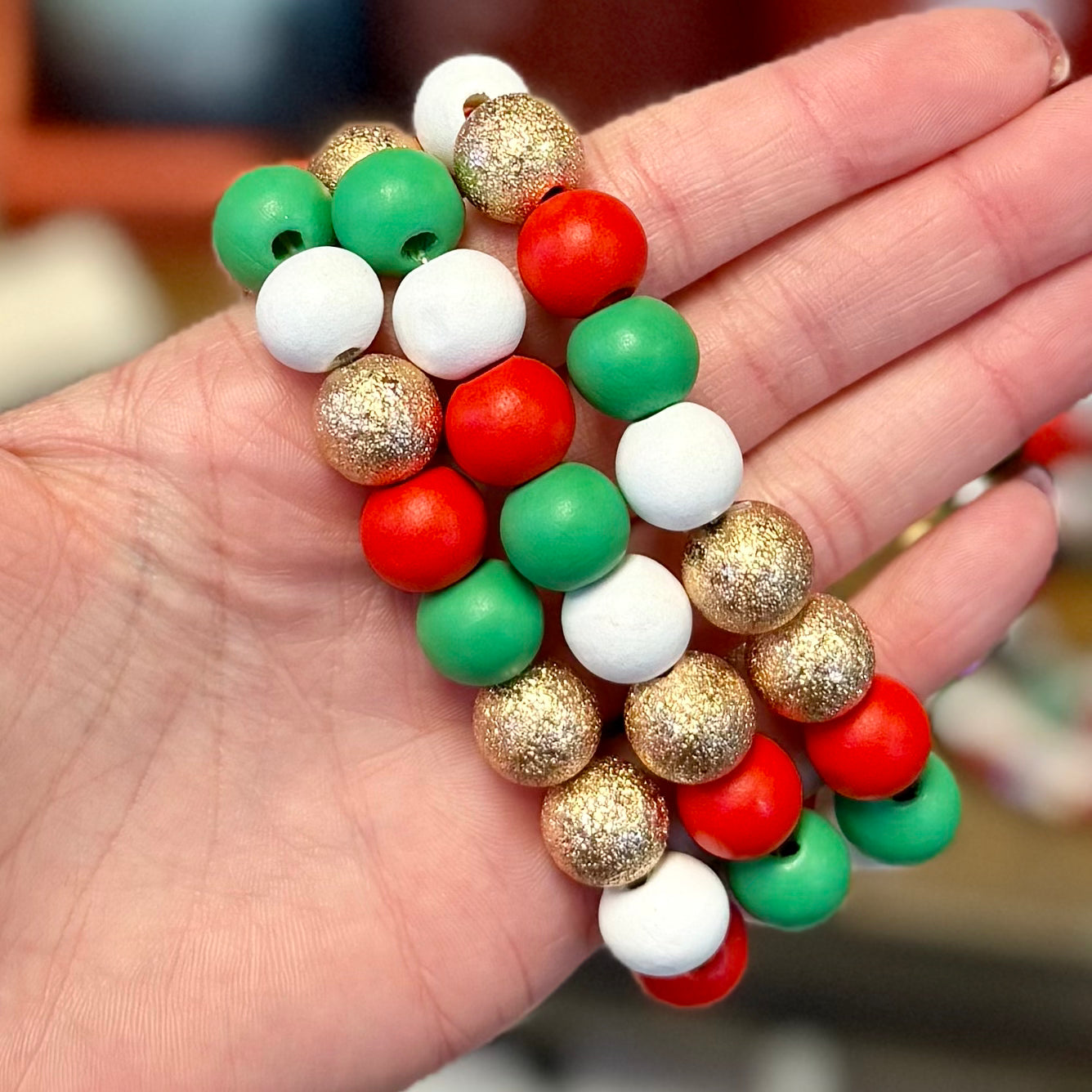 RED GREEN WHITE MIXED BEADED BRACELETS SET OF 3