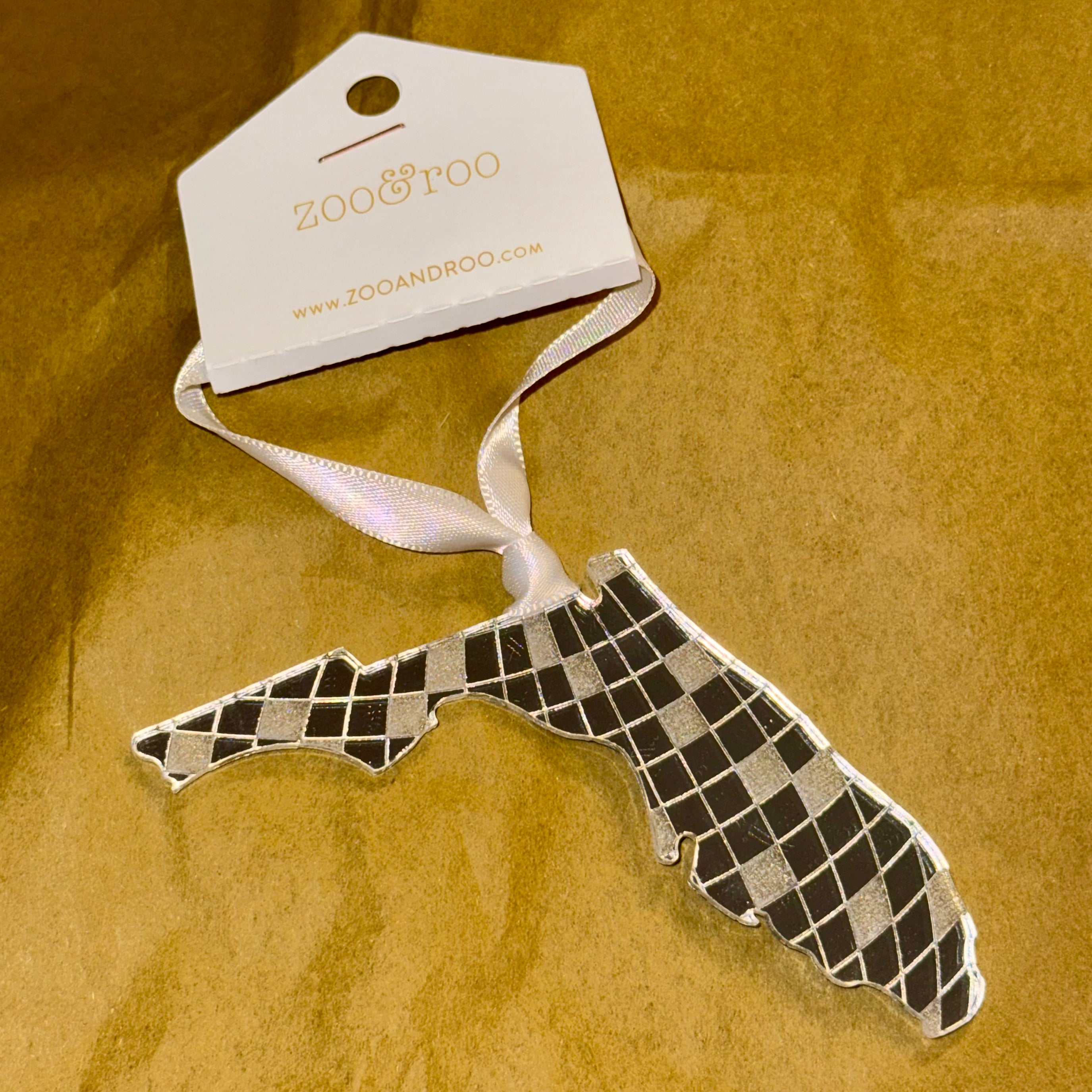 CUSTOM-MADE, HAND-MADE FLORIDA STATE SHAPE, DISCO BALL PRINTED, HANGING ORNAMENT, WHITE SATIN STRING, MADE OF ACRYLIC