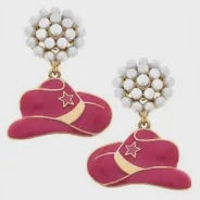 Canvas Cowboy Hat Pink Earrings