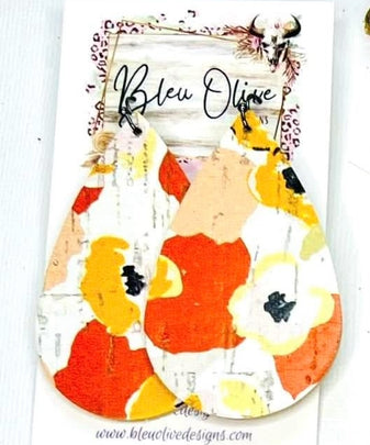 RUST FLORAL ABSTRACT PRINT TEARDROP LEATHER HANDMADE EARRINGS BY B.O.D