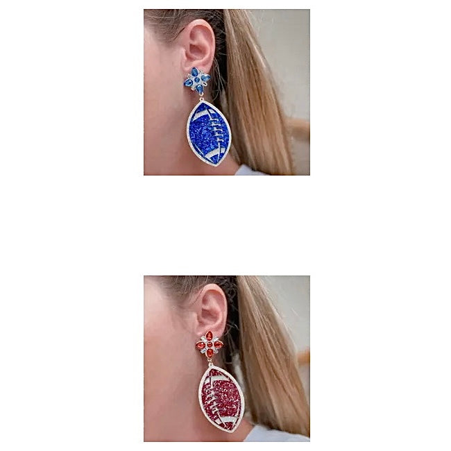 GLITTER FOOTBALL TWO TIER DANGLE GAMEDAY EARRINGS BY P.O.