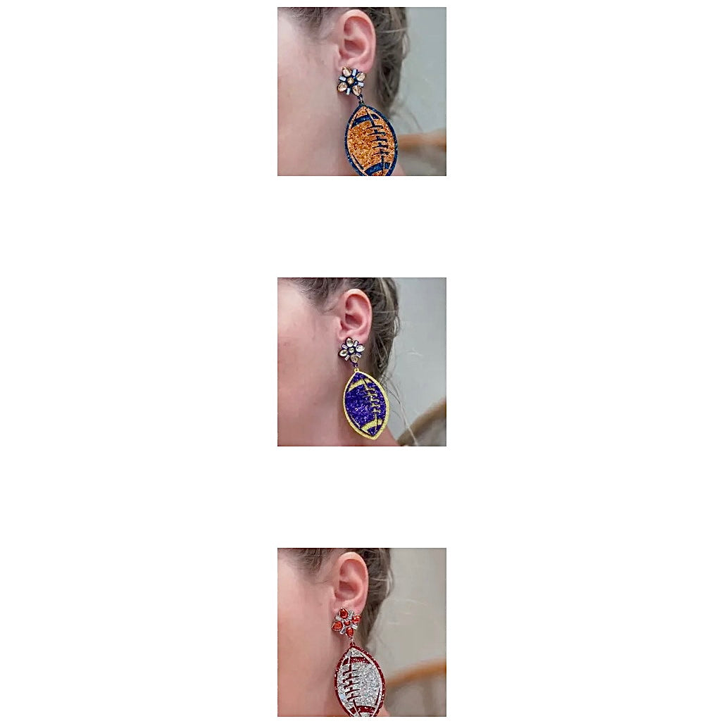 GLITTER FOOTBALL TWO TIER DANGLE GAMEDAY EARRINGS BY P.O.