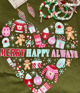 KINDNESS & CONFETTI MERRY HAPPY ALWAYS LONGSLEEVE GREEN TEE