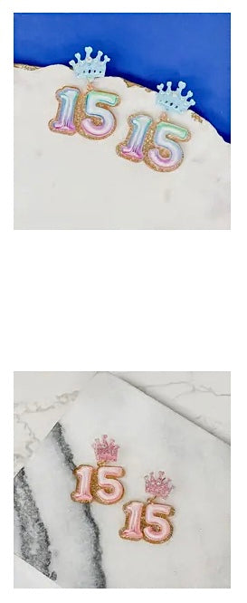 HAPPY BIRTHDAY "15" WITH CROWN ACRYLIC EARRINGS BY P.O.