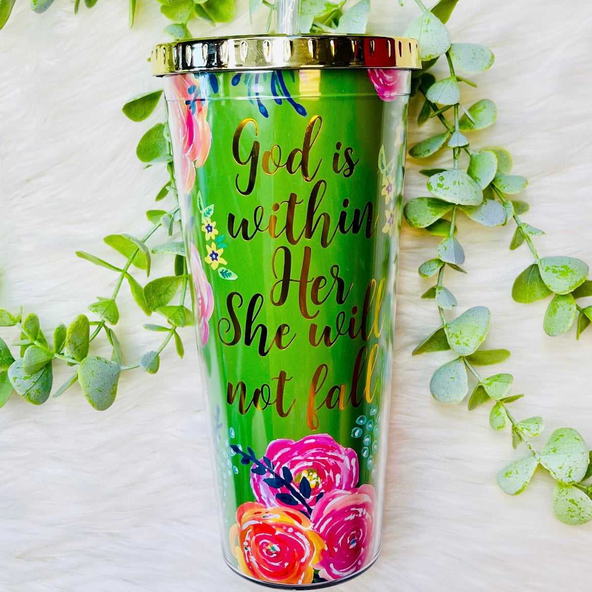 "GOD IS WITHIN HER, SHE WILL NOT FALL" Mary Square Straw Tumbler - SALE