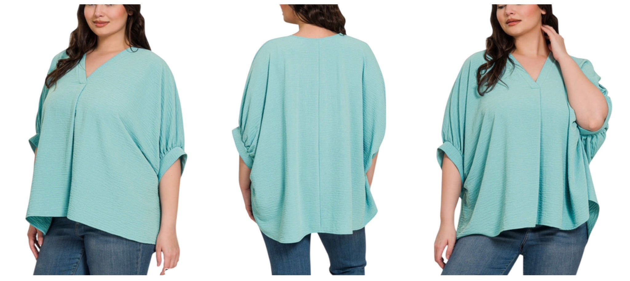 DUSTY TEAL WOVEN AIRFLOW V-NECK PUFF HALF SLEEVE TOP - PLUS- SALE- 1X, 2X & 3X AVAILABLE