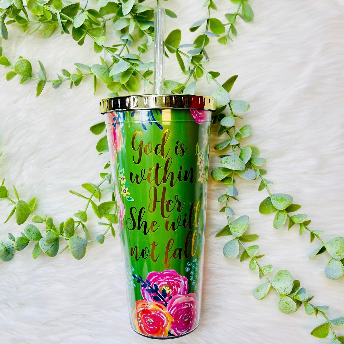 "GOD IS WITHIN HER, SHE WILL NOT FALL" Mary Square Straw Tumbler - SALE