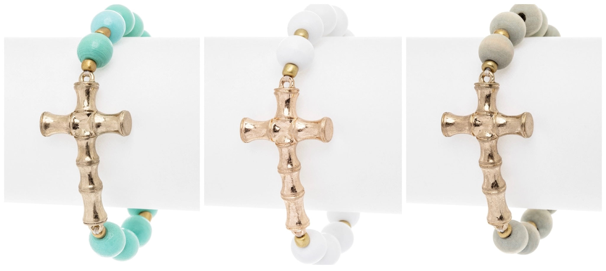 BAMBOO-STYLE CROSS CHARM WOODEN BEADED GIFTABLE BRACELET