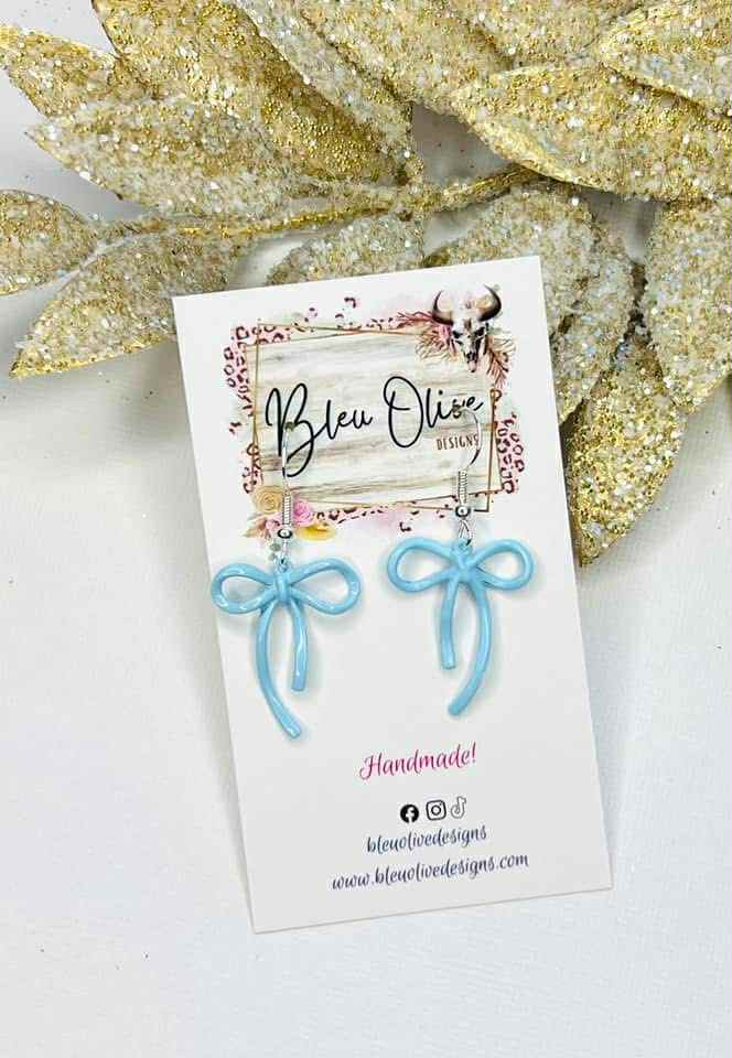 SMALL BLUE METAL RIBBON BOWS HANDMADE EARRINGS BY B.O.D