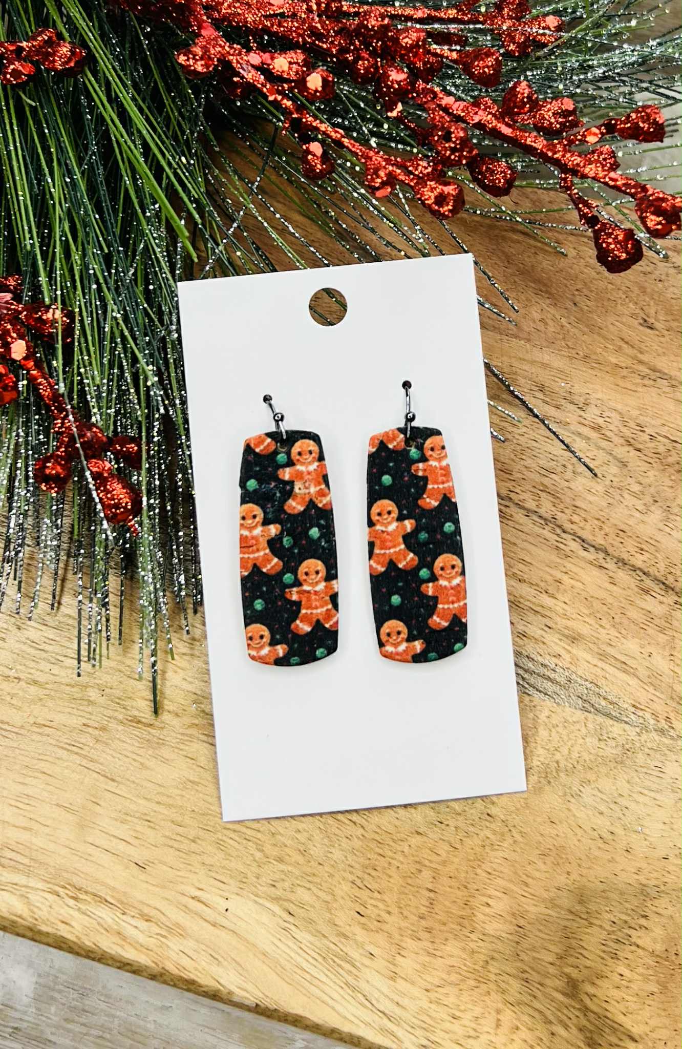 GINGERBREAD BLACK BACKGROUND FOR CHRISTMAS LEATHER HANDMADE EARRINGS BY B.O.D