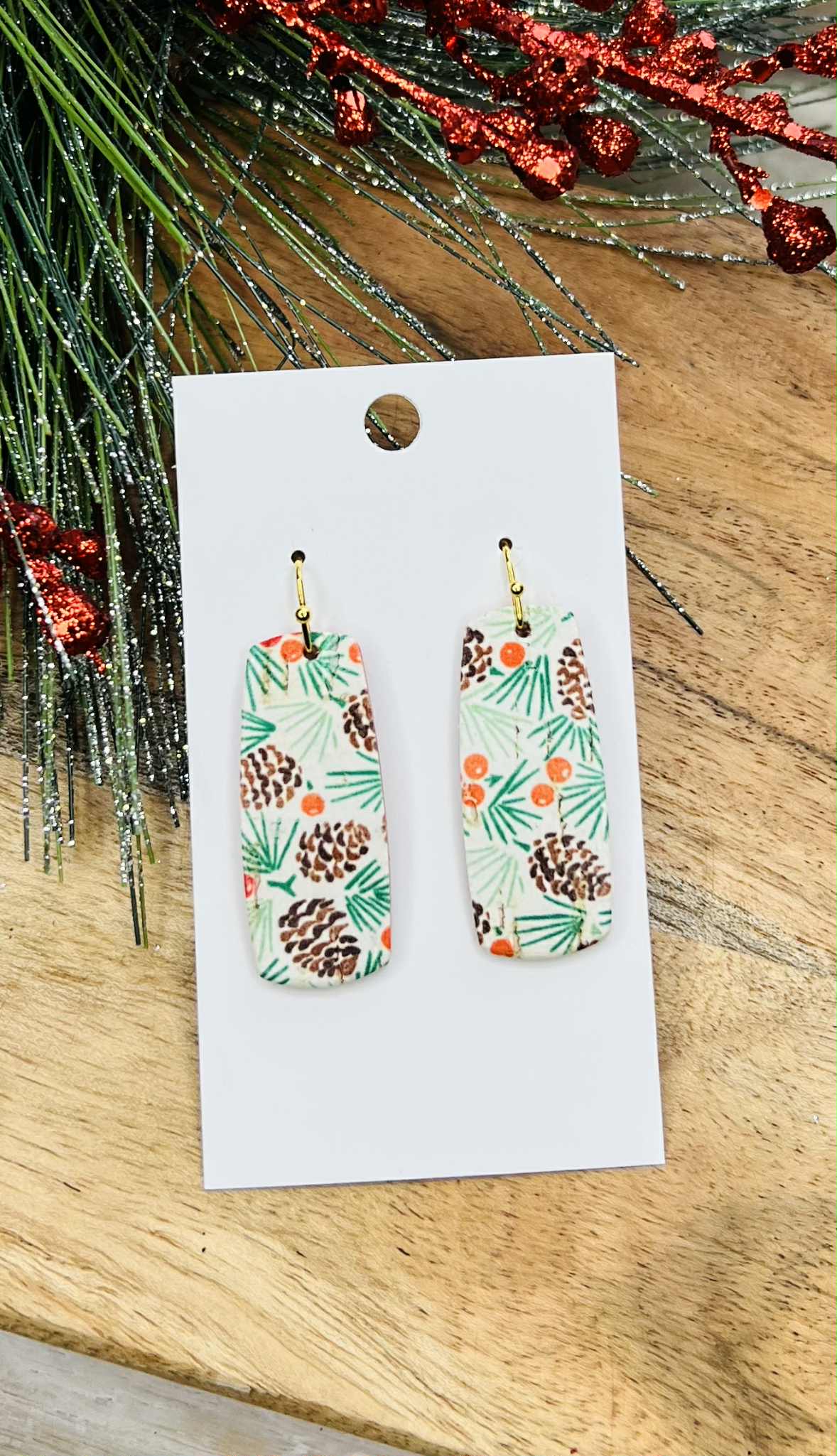 LEATHER PINECONES FOR CHRISTMAS WITH HOLLY BERRIES HANDMADE EARRINGS BY B.O.D