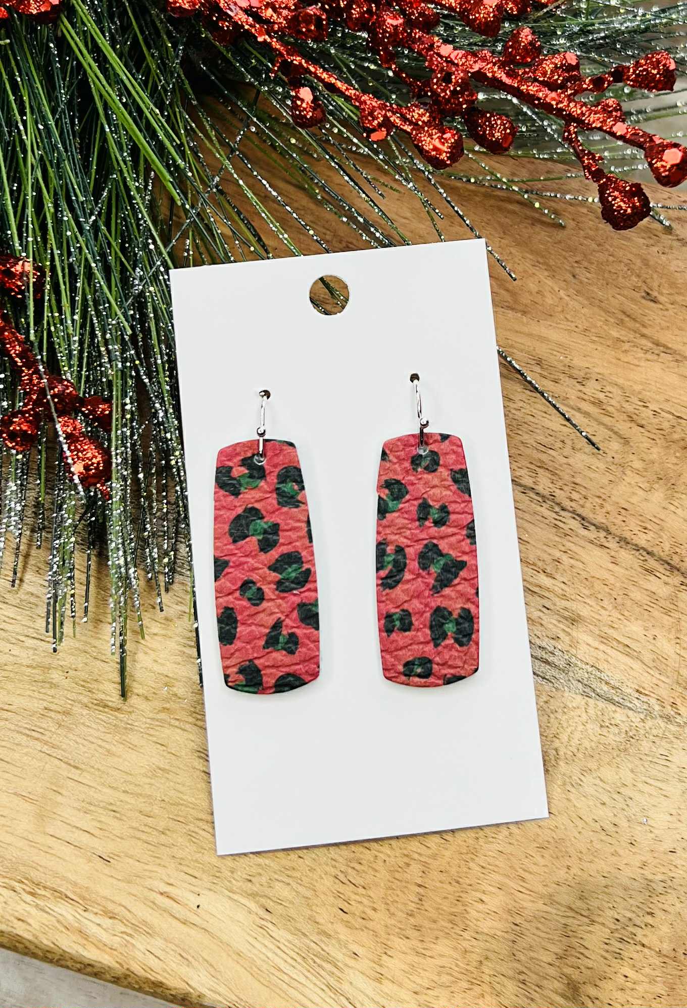 RED GREEN BLACK LEOPARD FOR CHRISTMAS LEATHER RECTANGLES HANDMADE EARRINGS BY B.O.D