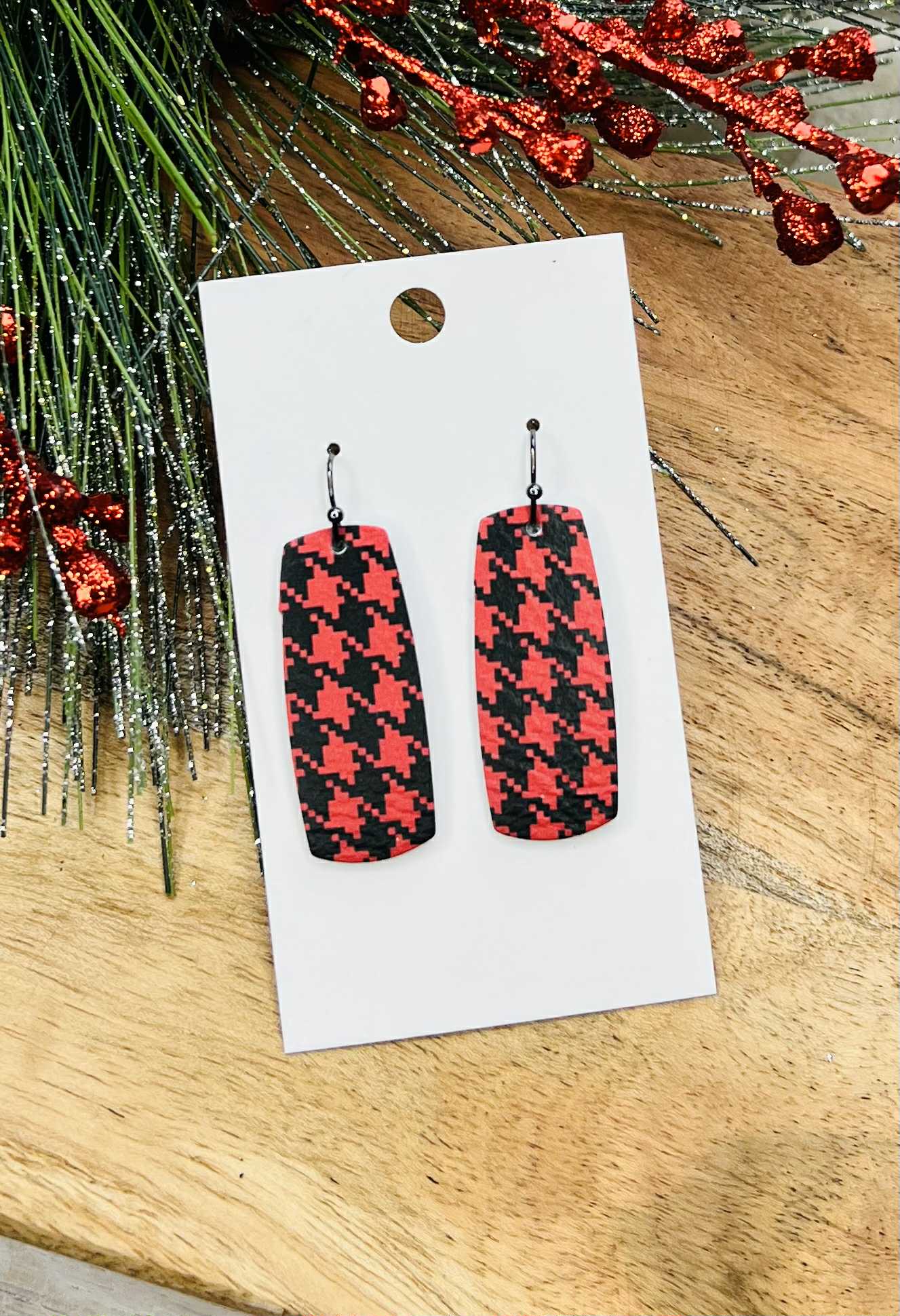 LEATHER RECTANGLE RED BLACK HOUNDSTOOTH DESIGN HANDMADE EARRINGS BY B.O.D