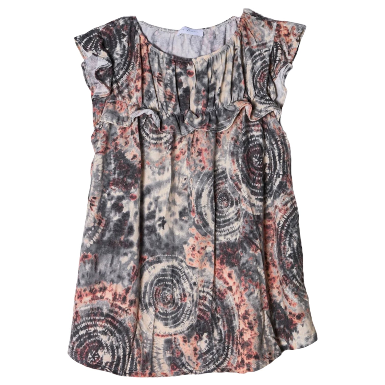 CHARCOAL PEACH TIE DYE CIRCLES RUFFLE NECK SOFT KNIT TOP- SALE- SMALL AVAILABLE
