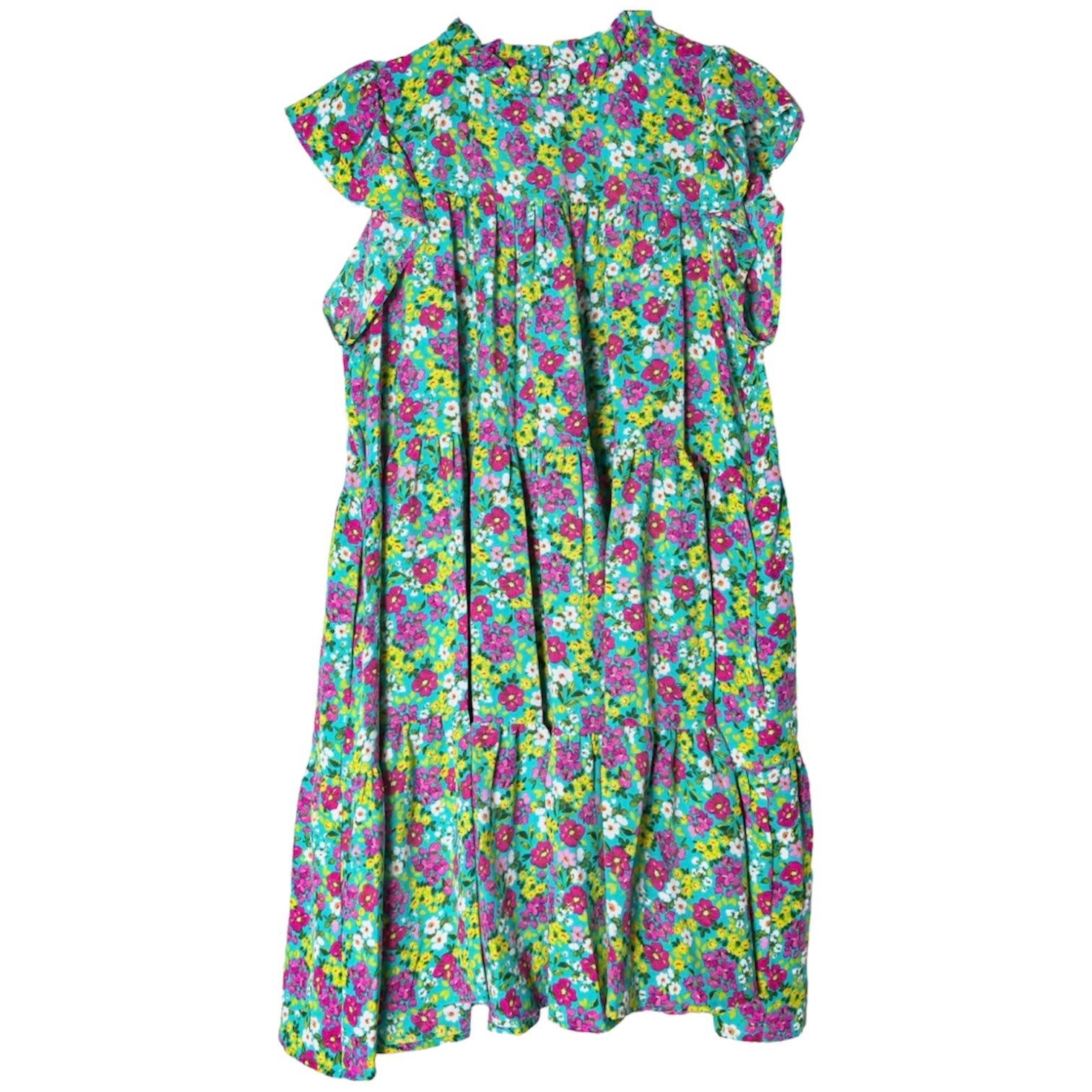 MINT FUCHSIA YELLOW LITTLE DAISIES FLORAL RUFFLE NECKLINE/RUFFLE SLEEVES/RUFFLE HEM DRESS- SALE- SMALL, MEDIUM & LARGE AVAILABLE